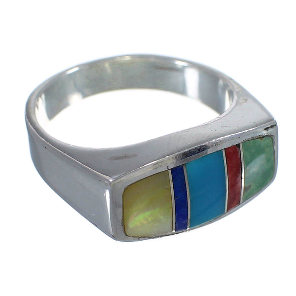 Genuine Sterling Silver Multicolor Inlay Southwestern Ring Size 8-1/4 QX75943